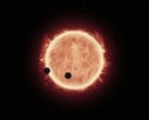 Uma ilustração mostrando uma estrela e dois planetas.