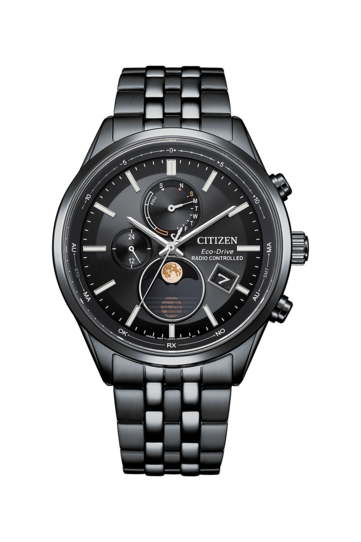 Relógio Citizen BY1035-56E Eco-Drive com fase lunar, caixão e pulseira em aço inoxidável totalmente pretos, mostrador preto, indicação analógica da fase lunar, dois submostradores e janela de data.