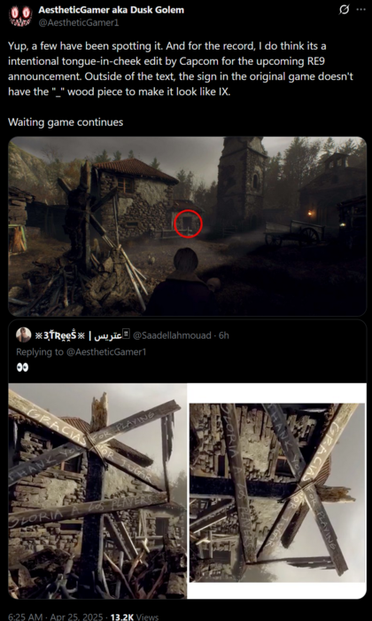 Dusk Golem Resident Evil 9 signpost comments on X (Fonte da imagem: AestheticGamer aka Dusk Golem X account)