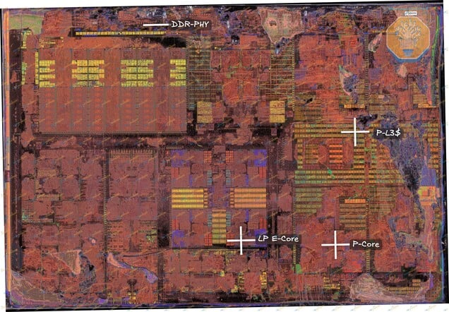 O módulo de computação 18A Panther Lake da Intel, com núcleos de CPU, cache e interfaces de memória.