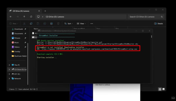 O software Streamhost do Lenovo Legion C700 para jogos com baixa latência faz downloads a partir de um servidor da Ayaneo.