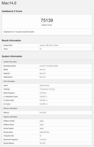 MacBook Pro 16 com M2 Max em Geekbench OpenCL. (Fonte: Geekbench)