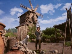 Uma imagem que mostra um agricultor e um moinho no jogo Medieval Dynasty.