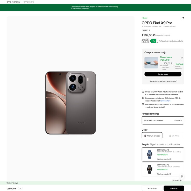 Na Espanha, os compradores recebem um desconto de 120 euros no Oppo Find X9 Pro e um Oppo Watch X2 gratuito.