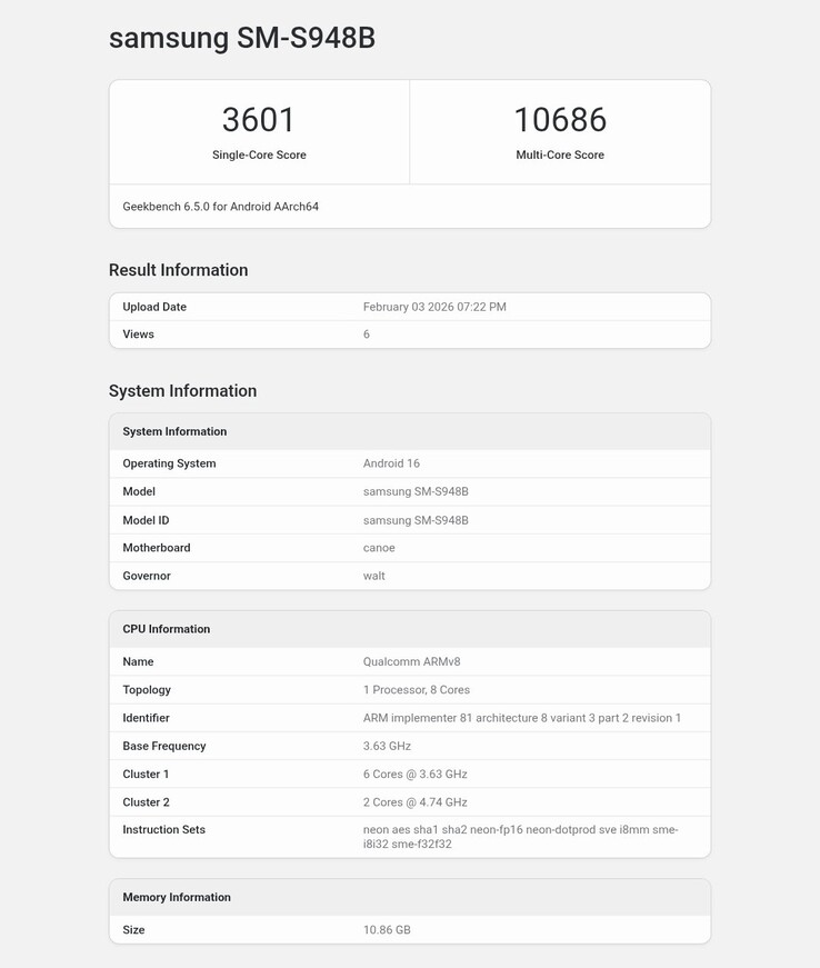 Samsung Galaxy S26 Ultra Resultado do Geekbench.
