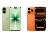 Imagem lado a lado do iPhone 17 verde com câmeras duplas e do iPhone 17 Pro laranja com câmeras triplas. (Fonte da imagem: Apple)