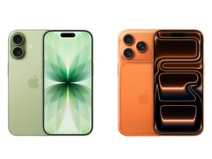 Imagem lado a lado do iPhone 17 verde com câmeras duplas e do iPhone 17 Pro laranja com câmeras triplas. (Fonte da imagem: Apple)