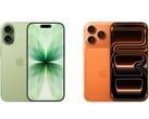 Imagem lado a lado do iPhone 17 verde com câmeras duplas e do iPhone 17 Pro laranja com câmeras triplas. (Fonte da imagem: Apple)