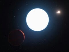 Ilustração artística mostrando uma estrela de nêutrons e planetas.