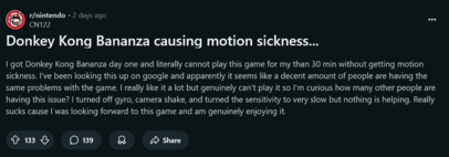 Postagem nº 1 do Reddit sobre o enjoo de Donkey Kong Bananza (Fonte da imagem: captura de tela, subreddit da Nintendo)