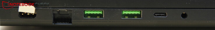 Esquerda: Fonte de alimentação, LAN, 2x USB-A 3.2 Gen 2, USB-C Thunderbolt 4, fone de ouvido