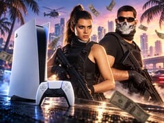 Personagens de GTA 6 ao lado de um PS5 e de um controle DualSense.