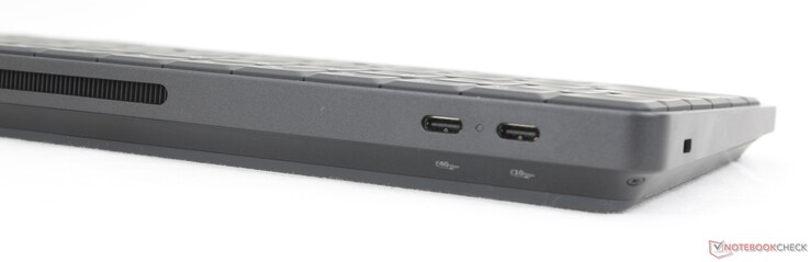Traseira: USB-C 4.0 com DisplayPort 2.1 + Power Delivery (40 Gbps), USB-C 3.2 Gen. 2 com DisplayPort 1.4 + Power Delivery (10 Gbps)
