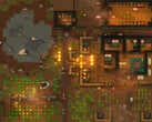 Captura de tela da jogabilidade de RimWorld mostrando uma colônia sob ataque, com incêndios, animais e construções.