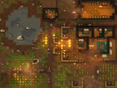 Captura de tela da jogabilidade de RimWorld mostrando uma colônia sob ataque, com incêndios, animais e construções.
