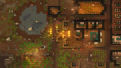 Captura de tela da jogabilidade de RimWorld mostrando uma colônia sob ataque, com incêndios, animais e construções.