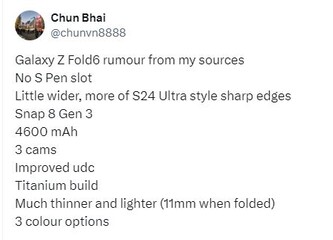 Os próximos vazamentos do Galaxy Z Fold 6 sugerem atualizações incrementais. (Fonte: Chun Bhai via Twitter)
