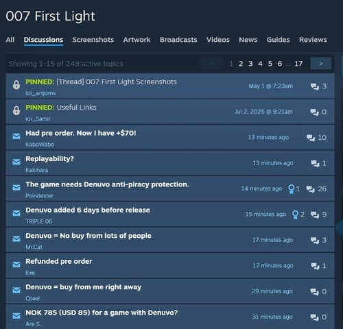 Reclamações de Denuvo no fórum do 007 First Light Steam
