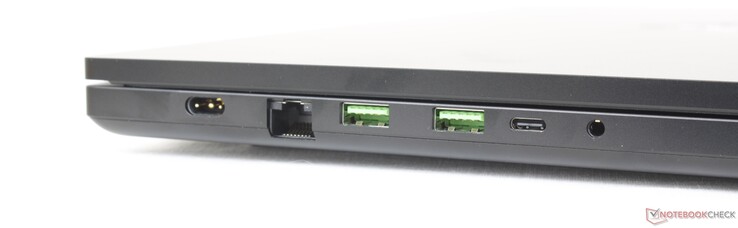 Esquerda: Adaptador AC, 2,5 Gbps RJ-45, 2x USB-A 3.2 Gen. 2, USB-C c/ Fonte de alimentação + DisplayPort 1.4, fone de ouvido 3,5 mm