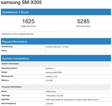 O putativo Galaxy Tab A8 aparece no Geekbench. (Fonte: Geekbench via 91Mobiles)