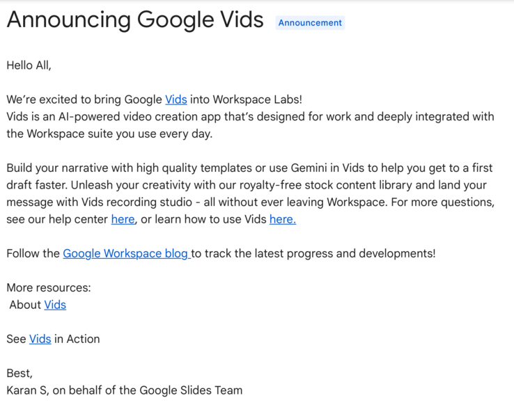 O anúncio de hoje cedo, referente ao lançamento do Google Vids no Workspace Labs. (Fonte: Suporte do Google)