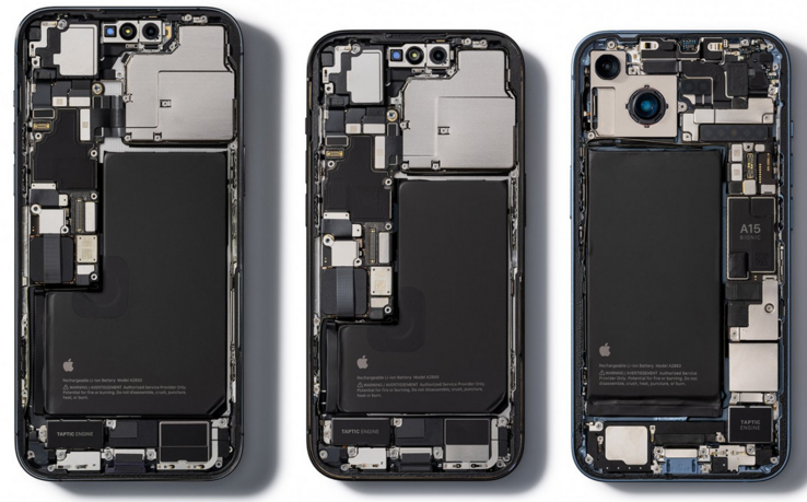 Parte interna e bateria do iPhone série 14. (Fonte: iFixit)