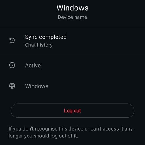 Visão detalhada de um dispositivo conectado ao WhatsApp, mostrando o nome do dispositivo, seu status e um botão vermelho para sair da conta