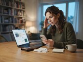 Uma mulher sentada à mesa olha para o smartphone; ao lado dele estão um laptop, recibos e um bloco de notas
