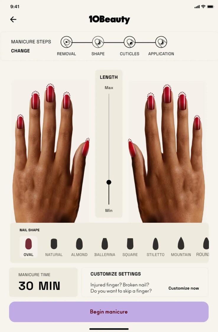 Todos os aspectos de uma manicure da 10Beauty, inclusive o comprimento do corte, o formato da ponta e outros, podem ser personalizados. (Fonte: 10Beauty)