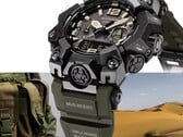 Close-up do Casio G-Shock Mudmaster GWG-B1000-1A3, mostrando sua caixa preta, detalhes em bege no mostrador, pulseira verde-oliva, proteções robustas e a inscrição “Triple Sensor”, tendo como pano de fundo equipamentos militares e uma paisagem desértica.