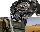 Close-up do Casio G-Shock Mudmaster GWG-B1000-1A3, mostrando sua caixa preta, detalhes em bege no mostrador, pulseira verde-oliva, proteções robustas e a inscrição “Triple Sensor”, tendo como pano de fundo equipamentos militares e uma paisagem desértica.