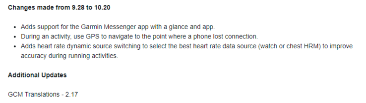 O registro de alterações da atualização 10.20 do Garmin vivoactive 5. (Fonte da imagem: Garmin)