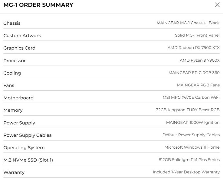 Maingear MG-1 US$3.681 construídos com CPU AMD Ryzen 9 e GPU série RX 7000 (Fonte: Própria)