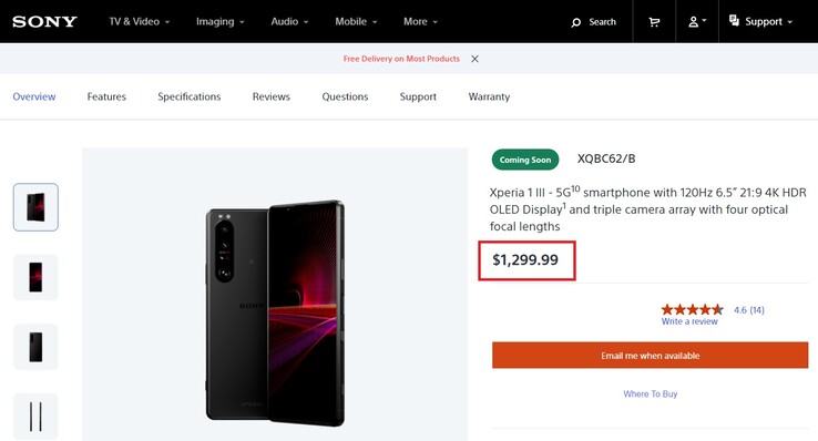 O preço da Sony Xperia 1 III nos EUA. (Fonte da imagem: Sony)