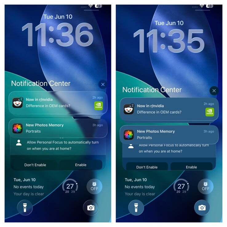 tela de bloqueio do iOS 26 com e sem transparência. (Fonte da imagem: Vaidyanathan S. on X)
