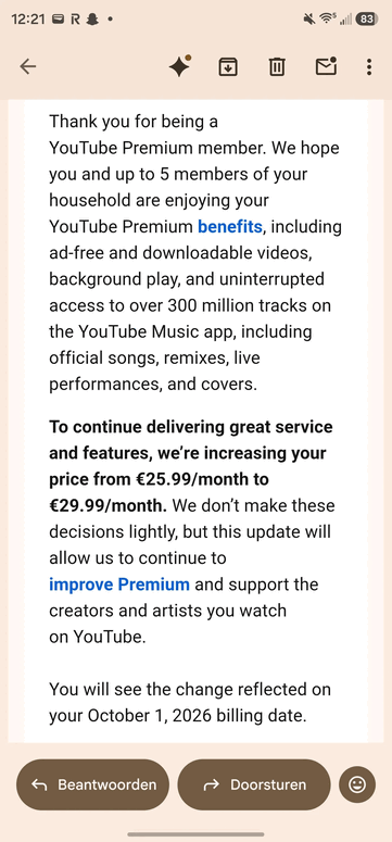E-mail sobre o aumento do preço do YouTube Premium para famílias