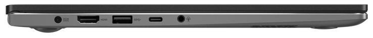 Lado esquerdo: Fonte de alimentação, HDMI, USB 3.2 Gen 1 (Tipo-A), Thunderbolt 4 (Tipo-C; DisplayPort, Fornecimento de energia), áudio combinado