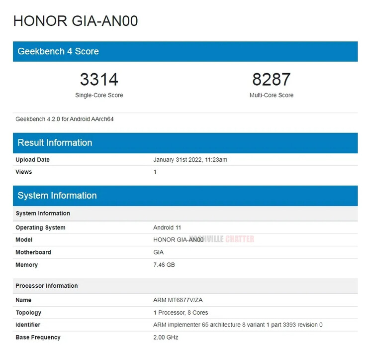 Novo telefone Honor, mesmo processador MediaTek. (Fonte: Geekbench 4 via NashvilleChatter)