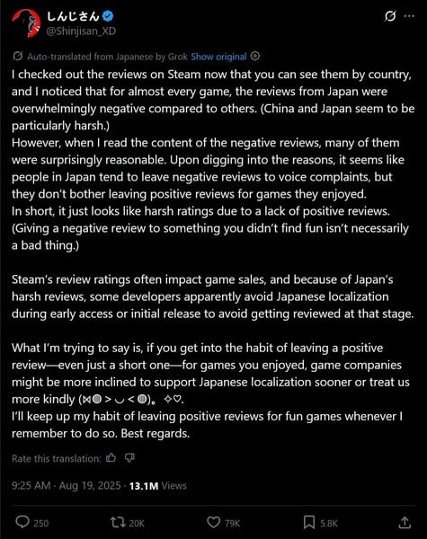 Postagem de Shinjisan sobre análises de jogos japoneses no Steam (Fonte da imagem: captura de tela, conta Shinjisan_XD X)