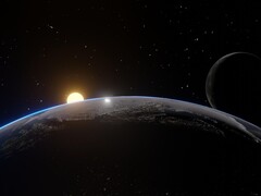 Ilustração de um artista mostrando a Terra, a lua e o sol.