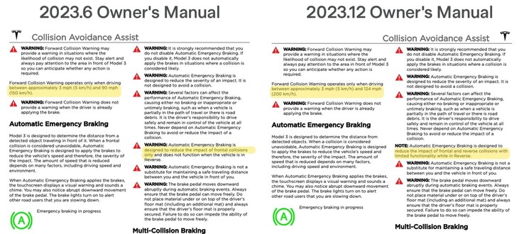 As atualizações do manual do AEB refletem o aumento da faixa de velocidade e a operação reversa