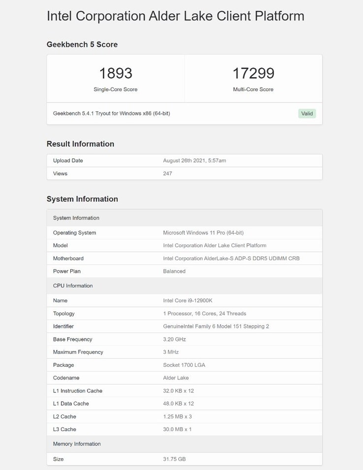 Intel Alder Lake Core i9-12900K em Geekebench. (Fonte: Geekbench)