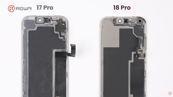 iPhone 17 Pro x iPhone 18 Pro, mostrando a parte traseira do painel de exibição com o novo layout.