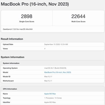 Resultado do Apple M3 Max no Geekbench 7.