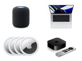 Colagem mostrando um HomePod, MacBook Pro, AirTags e Apple TV com Siri Remote. (Fonte da imagem: Apple)