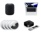 Colagem mostrando um HomePod, MacBook Pro, AirTags e Apple TV com Siri Remote. (Fonte da imagem: Apple)