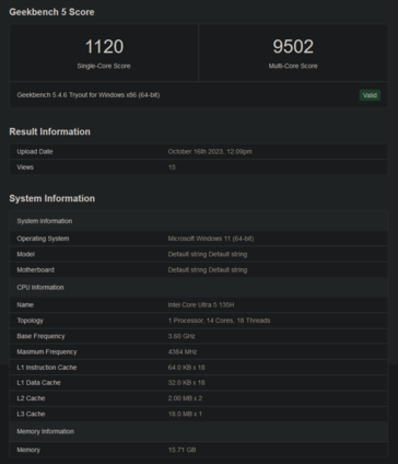 Desempenho do Intel Core Ultra 5 135H no Geekbench (imagem via Geekbench)