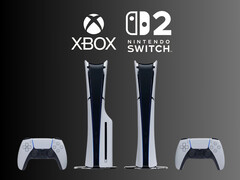 Os consoles PS5 são mostrados abaixo dos logotipos do Xbox e do Nintendo Switch 2 (Fonte da imagem: Sony PlayStation, Microsoft Gaming, Nintendo of America com edições)