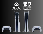 Os consoles PS5 são mostrados abaixo dos logotipos do Xbox e do Nintendo Switch 2 (Fonte da imagem: Sony PlayStation, Microsoft Gaming, Nintendo of America com edições)