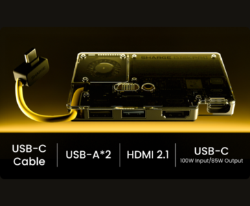 SSD portátil transparente Sharge Disk Pro com cabo USB-C integrado, duas portas USB-A, HDMI 2.1 e USB-C com entrada de 100 W e saída de 85 W (Sharge via Kickstarter)